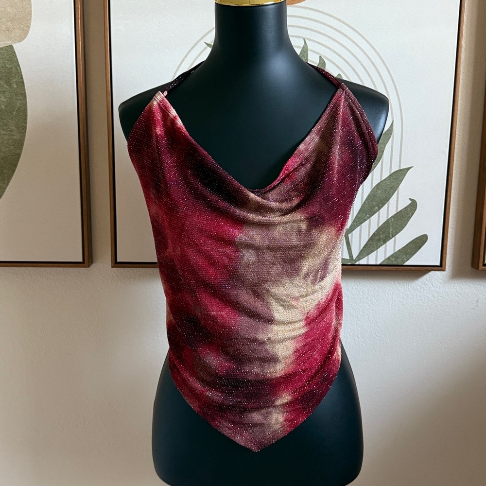 3/$10 Fashion Amazing Red Tan Glitter Tie-Dye Halter Top